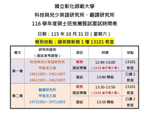 【招生公告】116學年度科英所碩士班推薦甄試面試時間表(115.10.31 星期六)